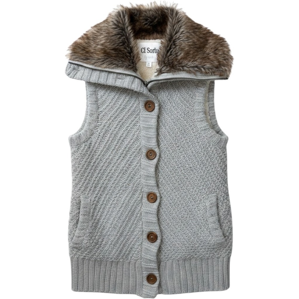 Ci Sono by Cavalini Grey Knit Sherpa Lined Faux Fur Trim Hooded Sweater Jacket S